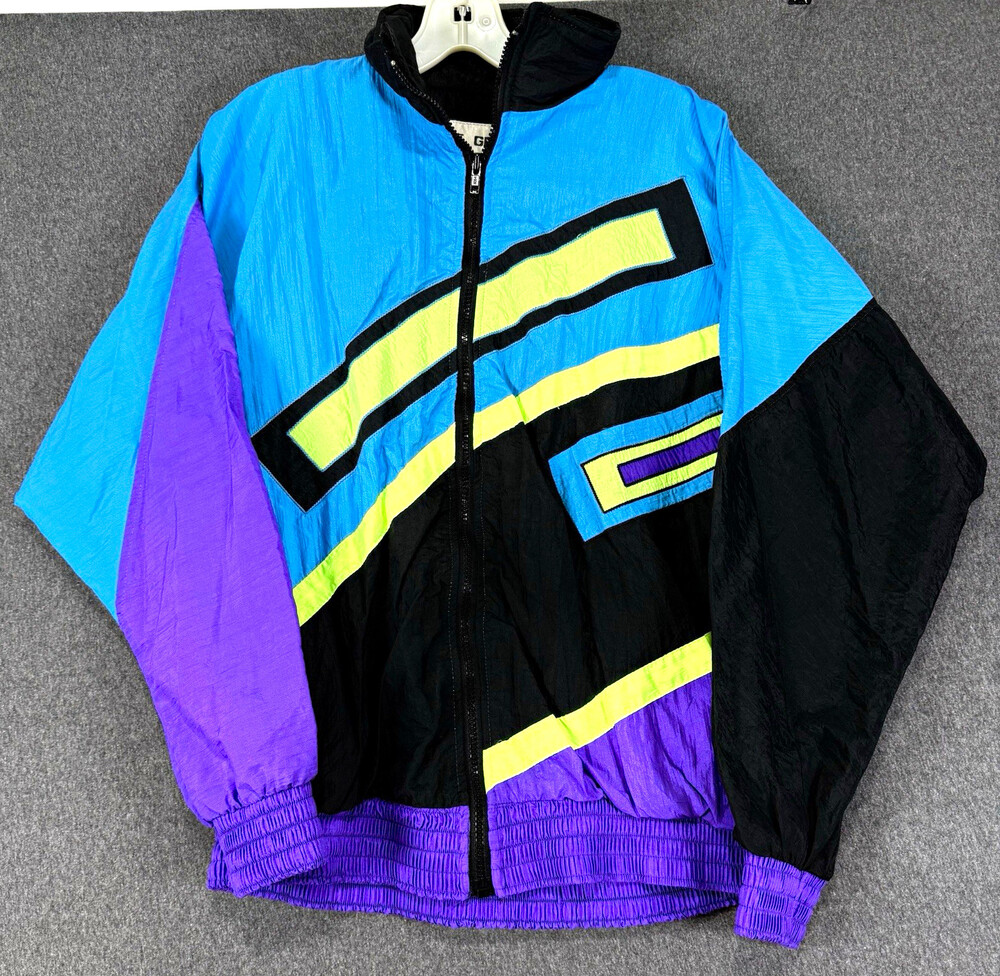 Vintage 90s Bee Geez Windbreaker Small Neon Colorblock Blue Purple Black USA